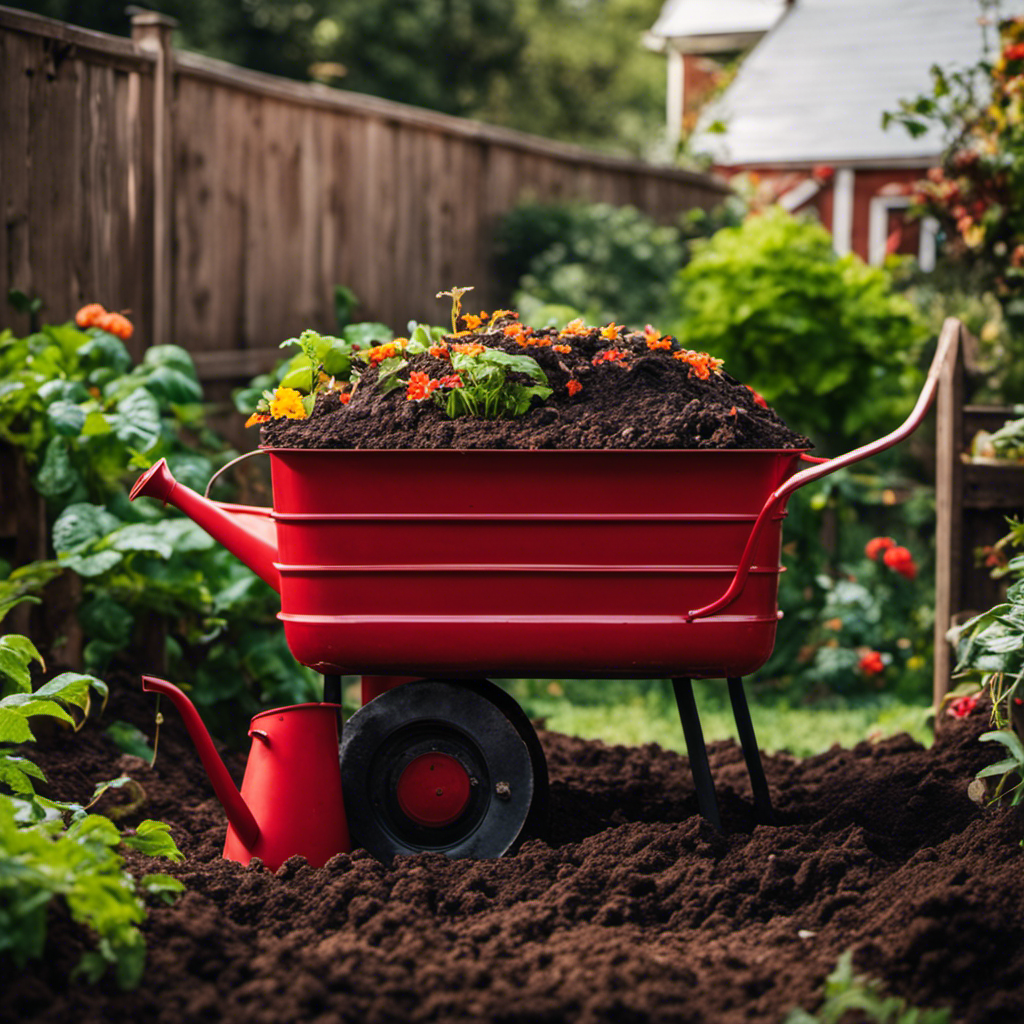 An image showcasing a lush garden bed filled with nutrient-rich compost, teeming with red wriggler worms and decomposing organic matter