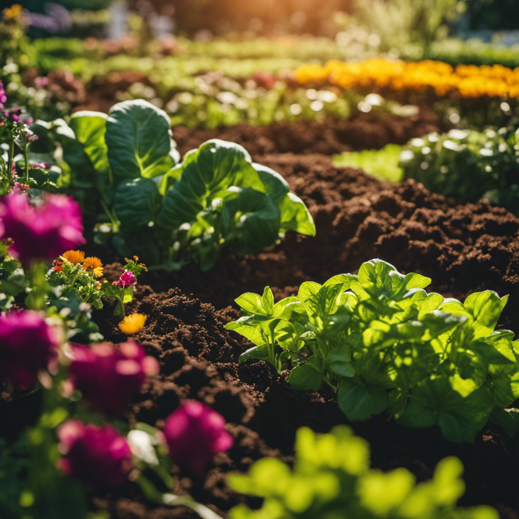 An image showcasing a lush, thriving garden bed filled with nutrient-rich soil resulting from organic composting