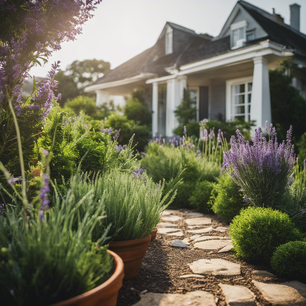 An image showcasing a lush home garden with a captivating blend of aromatic herbs like lavender, rosemary, and peppermint