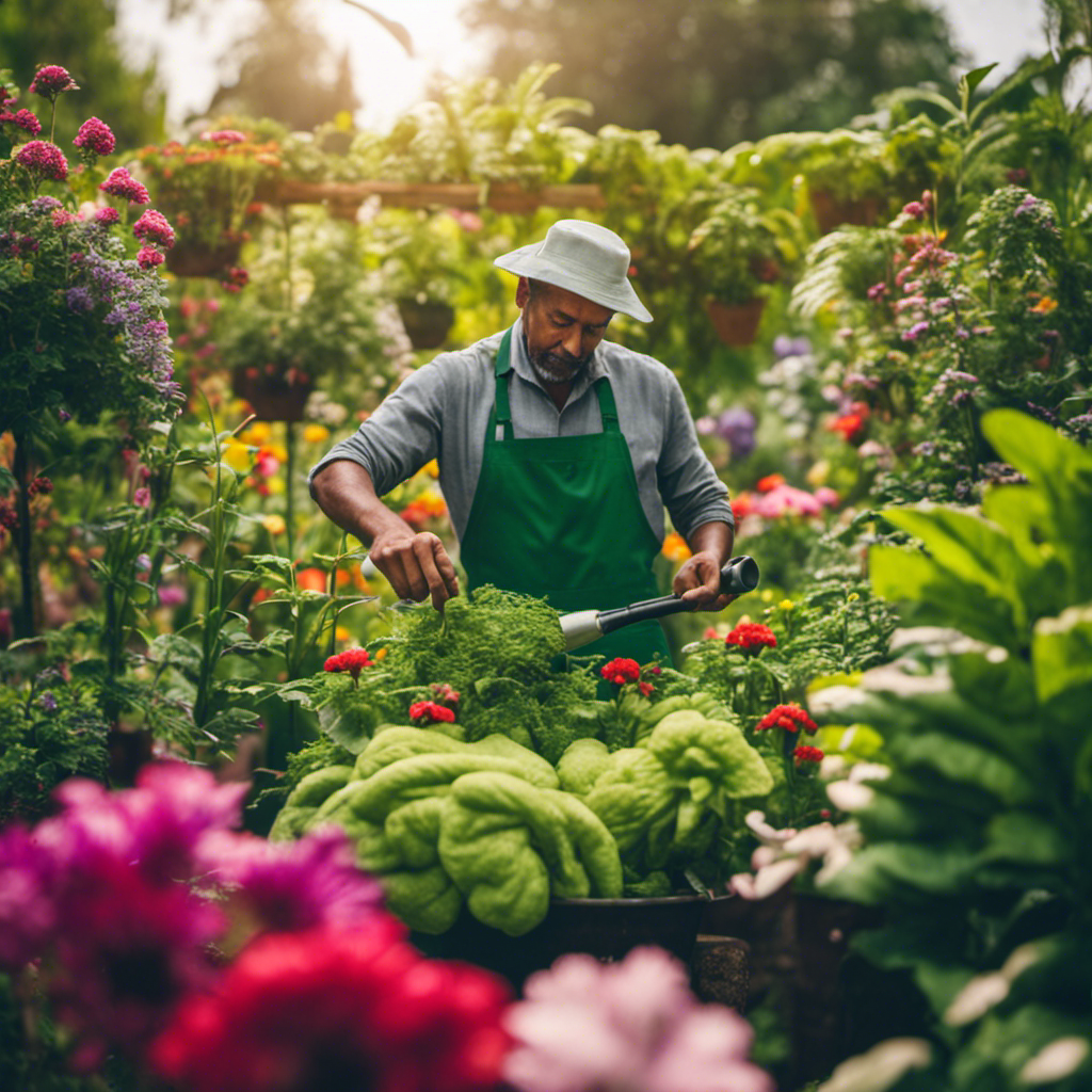 An image showcasing a lush home garden surrounded by vibrant flowers and vegetables, with a gardener using organic pesticides like neem oil spray on the plants, emphasizing eco-friendly pest control methods