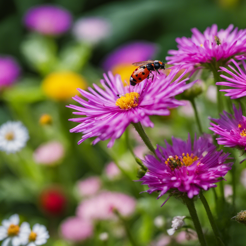 An image showcasing a lush home garden with vibrant flowers and vegetables, buzzing with life