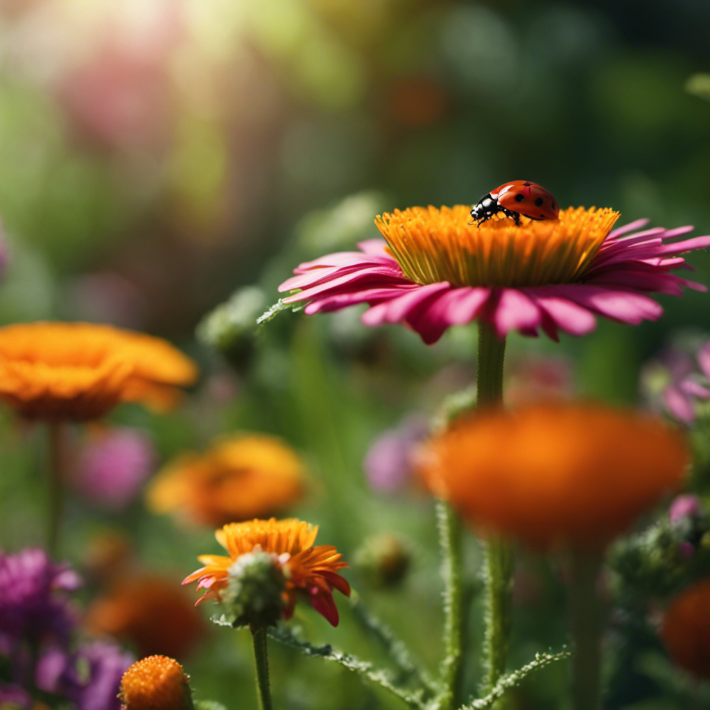 An image showcasing a lush garden with ladybugs crawling on vibrant flowers, while a gardener uses companion planting, trapping techniques, and biological controls to maintain a harmonious ecosystem