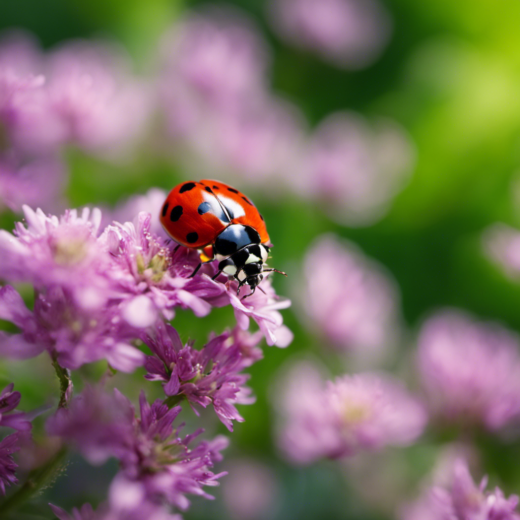 An image that showcases the harmony of nature's pest control through a close-up shot of a ladybug delicately perched on a vibrant green leaf, with a captivating backdrop of blooming flowers and buzzing bees