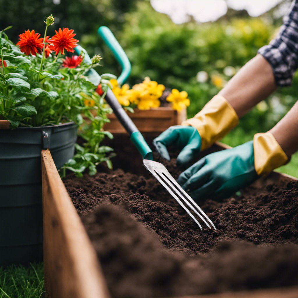 An image showcasing a vivid garden scene with a pair of sturdy gardening gloves, a compost bin brimming with nutrient-rich soil, a hand trowel, and a pitchfork resting nearby