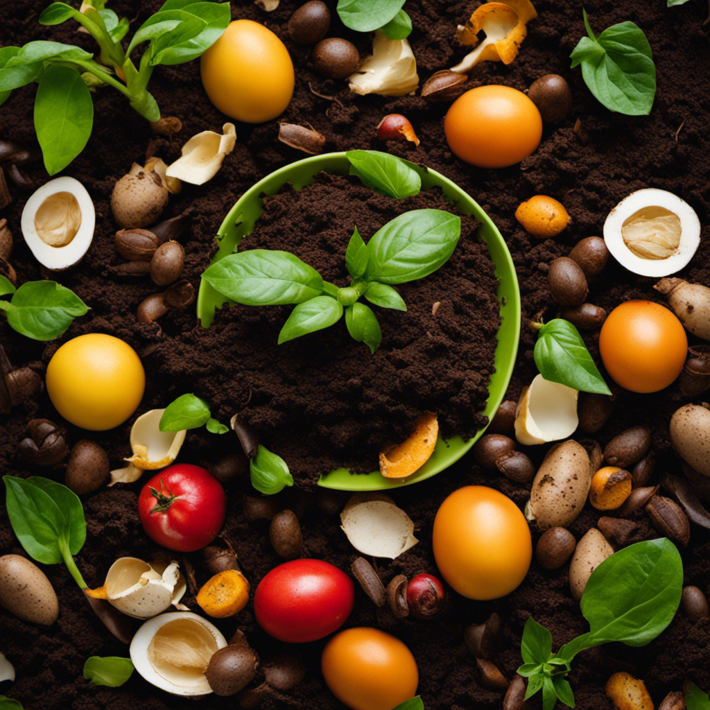 An image depicting a vibrant garden bed filled with nutrient-rich kitchen scraps like coffee grounds, eggshells, fruit peels, and green leaves