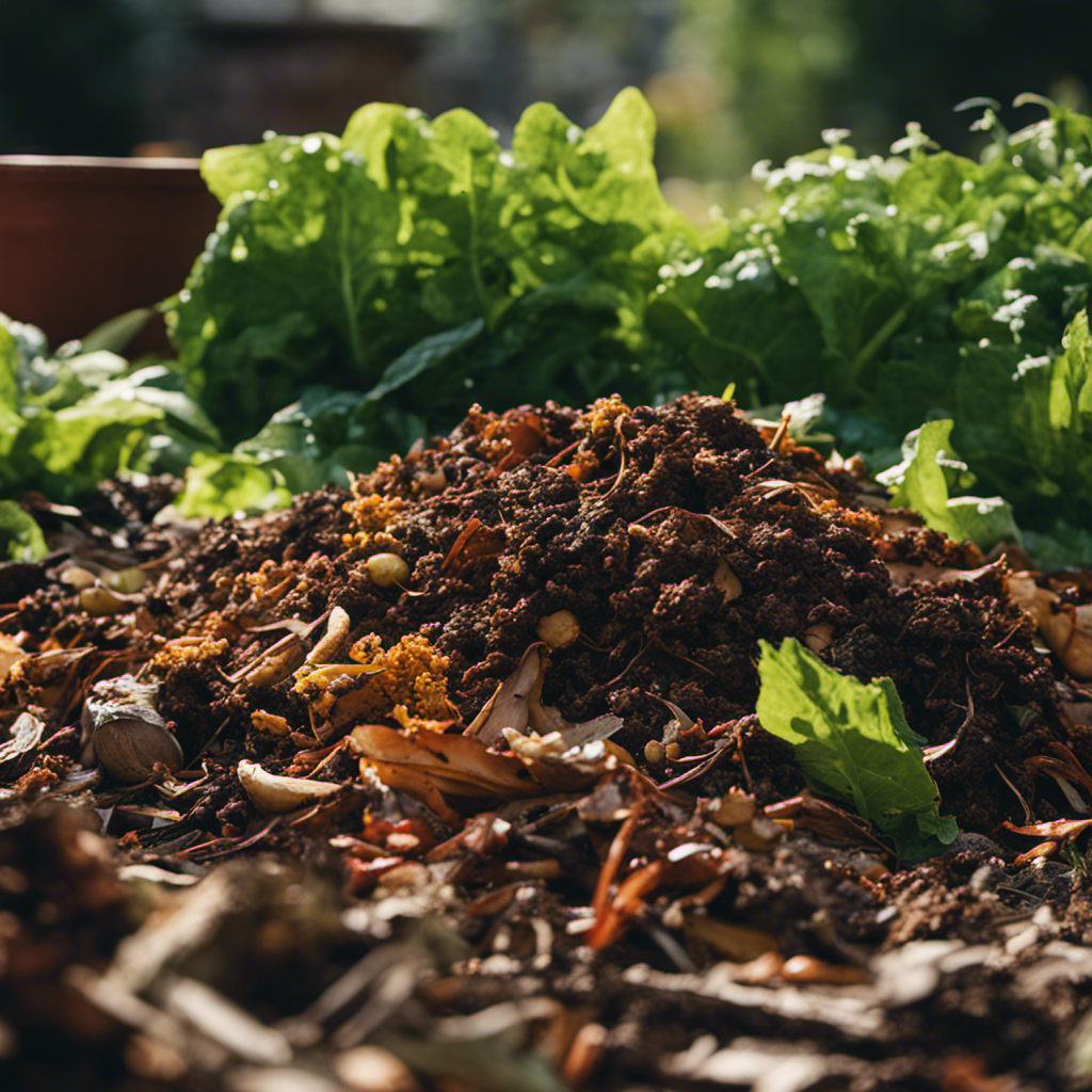 An image showcasing a well-maintained compost pile, brimming with a diverse blend of kitchen scraps, yard waste, and brown materials