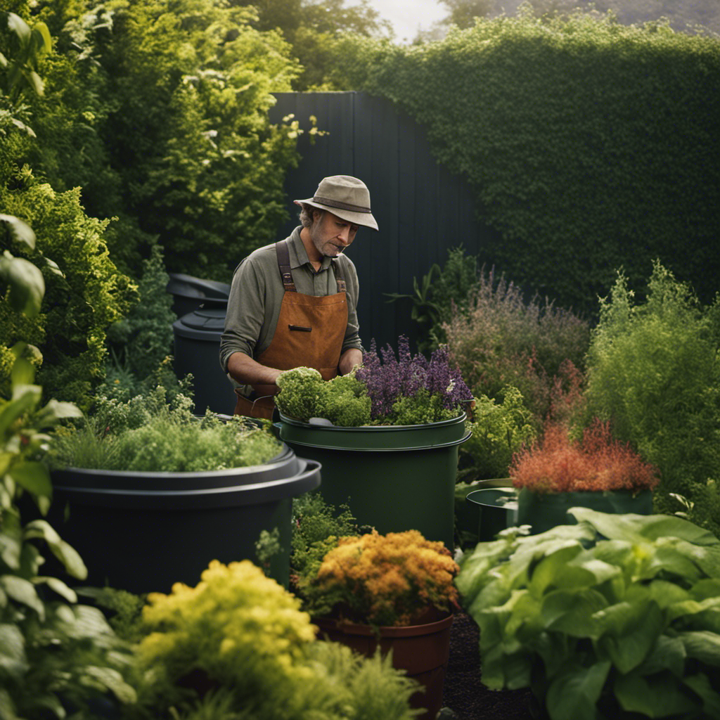 An image showcasing a gardener surrounded by thriving plants, wearing a puzzled expression while examining a compost bin