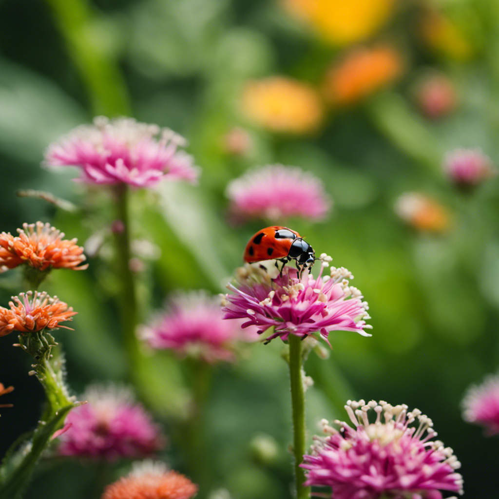 An image showcasing a lush garden filled with vibrant flowers and vegetables, buzzing with life as ladybugs delicately crawl on leaves, lacewings hover in the air, and praying mantises stand vigilantly, illustrating the power of beneficial insects in pest control