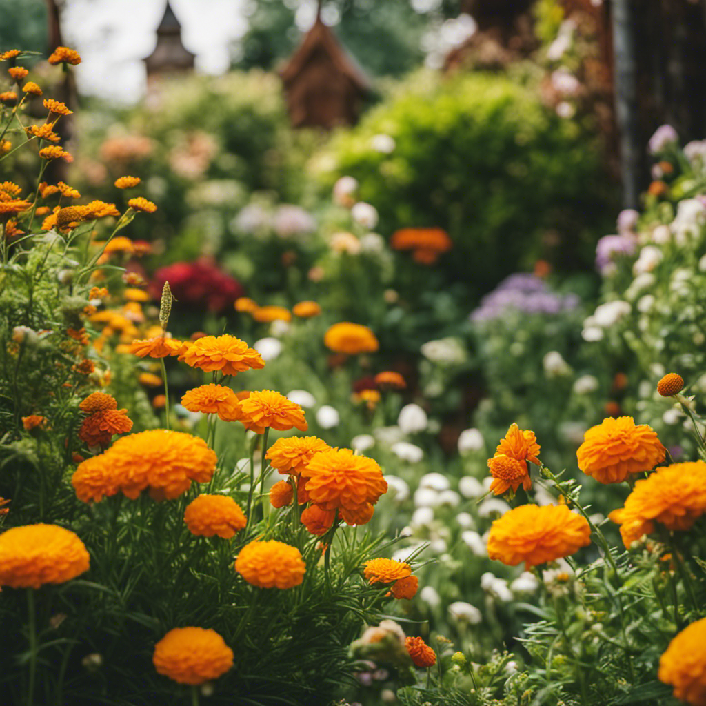 An image showcasing a lush garden with vibrant plants surrounded by a diverse range of natural pest repellents such as marigold borders, garlic spray bottles, and hanging birdhouses to deter pests