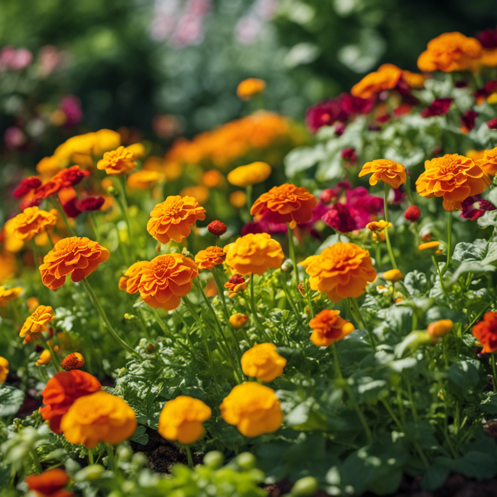 An image showcasing a vibrant garden bed filled with a variety of companion plants: marigolds, basil, and nasturtiums, forming a beautiful tapestry that repels pests and attracts beneficial insects