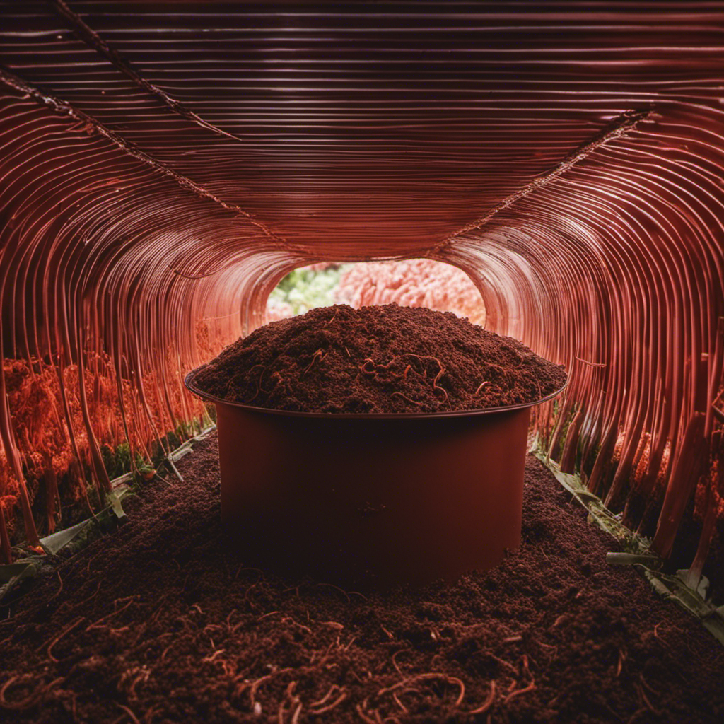 An image of a thriving vermiculture bin teeming with red wiggler worms, diligently converting organic waste into rich, nutrient-packed compost, showcasing the intricate network of tunnels and the earthy color palette