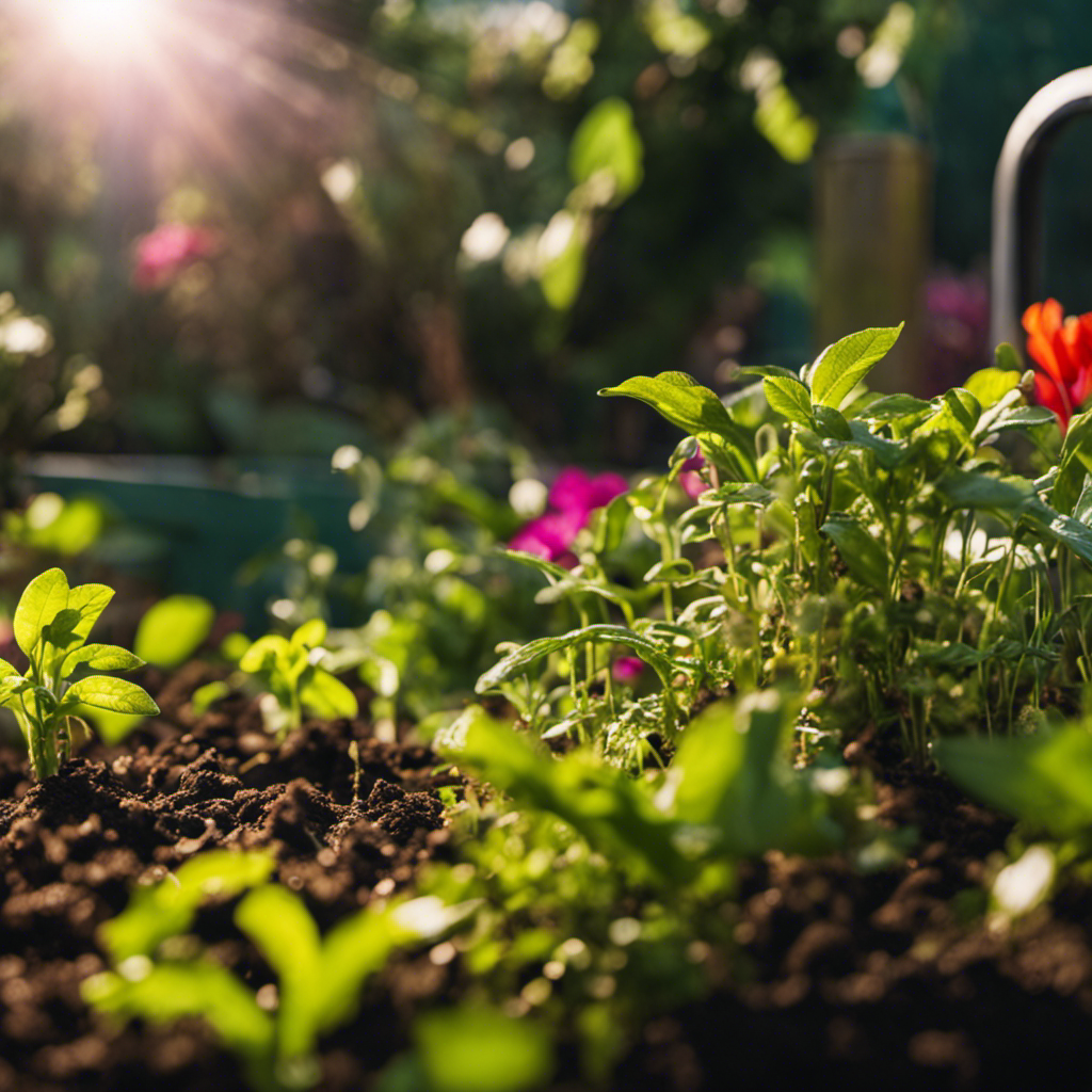 An image capturing the essence of compost tea: a vibrant garden bursting with thriving plants, with roots deeply intertwined in nutrient-rich soil, nourished by the golden elixir that is compost tea