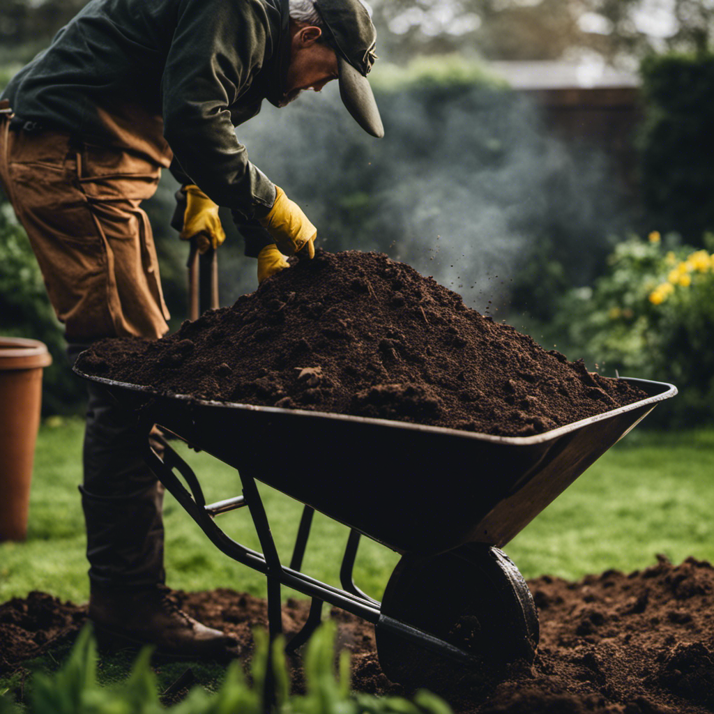 An image showcasing a gardener effortlessly turning a compost pile, with rich, dark compost cascading from the pitchfork