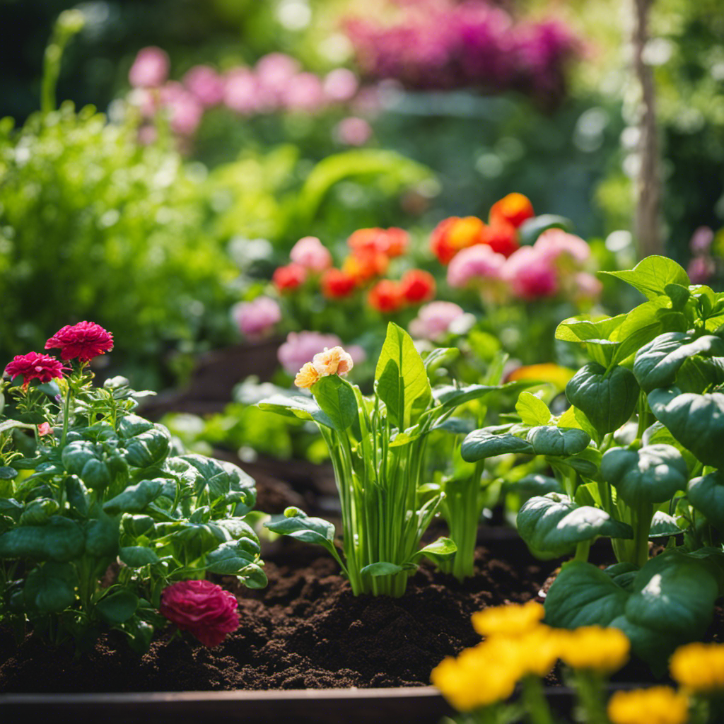 An image showcasing a lush, thriving organic garden surrounded by nutrient-rich soil