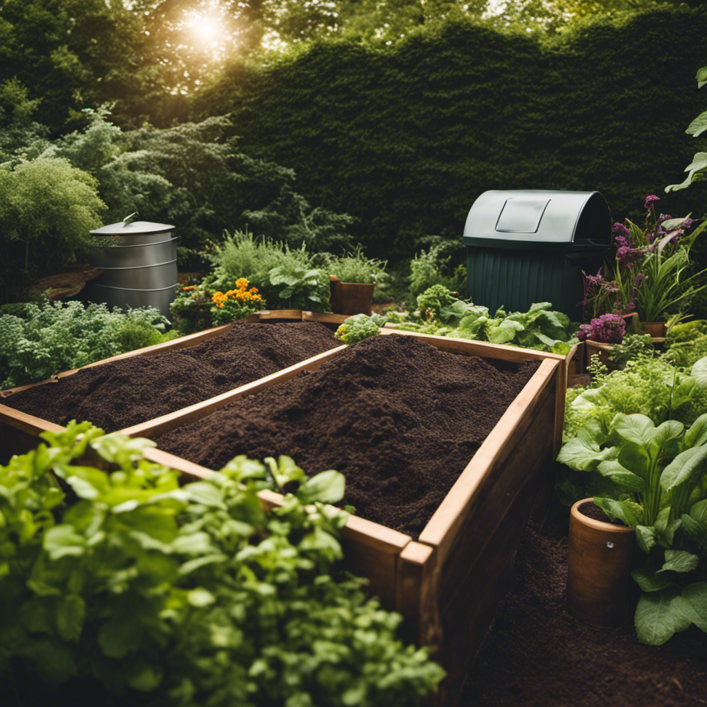 An image showcasing a serene backyard garden scene with compost bins in various styles - traditional, tumbler, and vermicompost - surrounded by lush organic plants, highlighting the diversity of composting methods