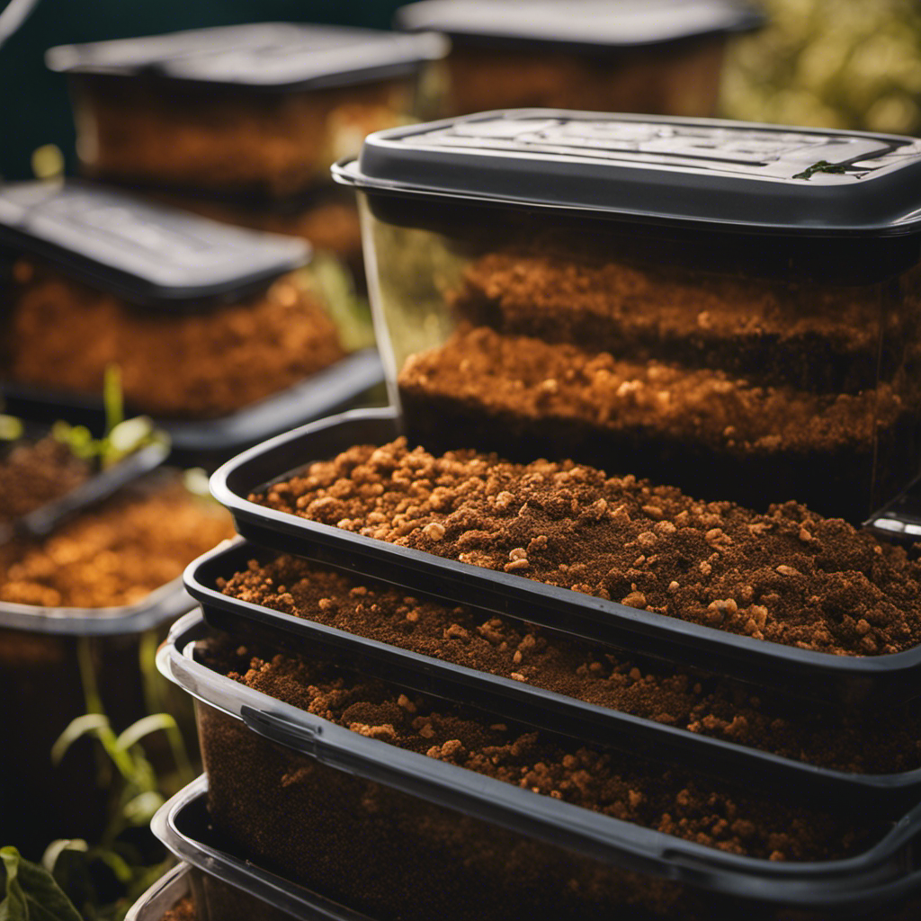 An image showcasing the process of Bokashi composting - airtight containers filled with nutrient-rich organic waste, covered with a layer of bran, and left to ferment for weeks, producing highly fertile soil for organic farming