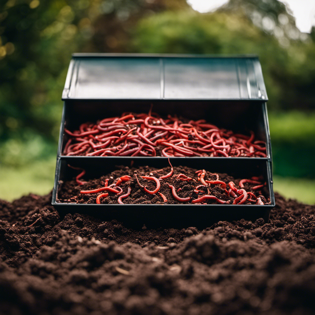 An image showcasing the intricate process of vermicomposting: a vibrant, thriving worm bin filled with decomposing organic matter, teeming with red wiggler worms, surrounded by nutrient-rich, dark humus soil