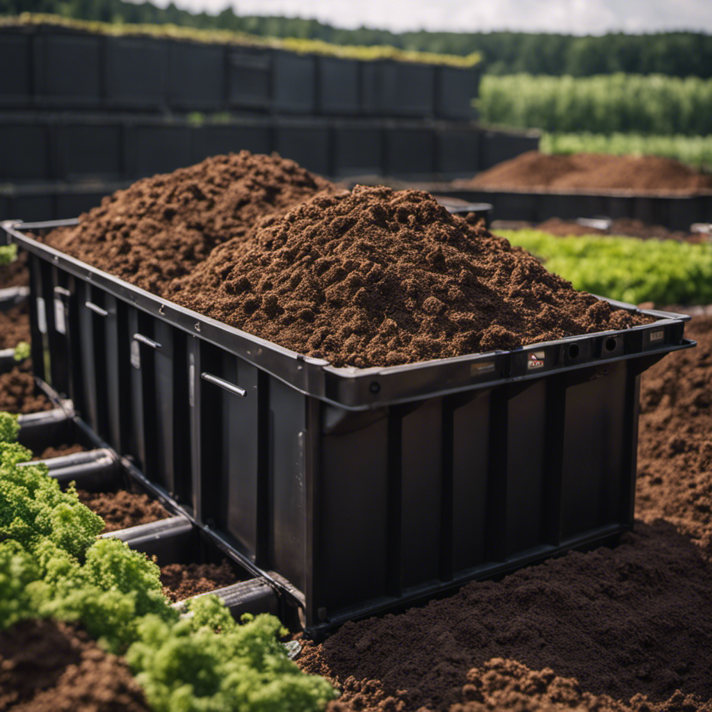 An image showcasing the process of Aerated Static Pile Composting: a large, rectangular composting system with clearly defined layers of organic matter, pipes releasing oxygen, and temperature sensors monitoring the decomposition stages