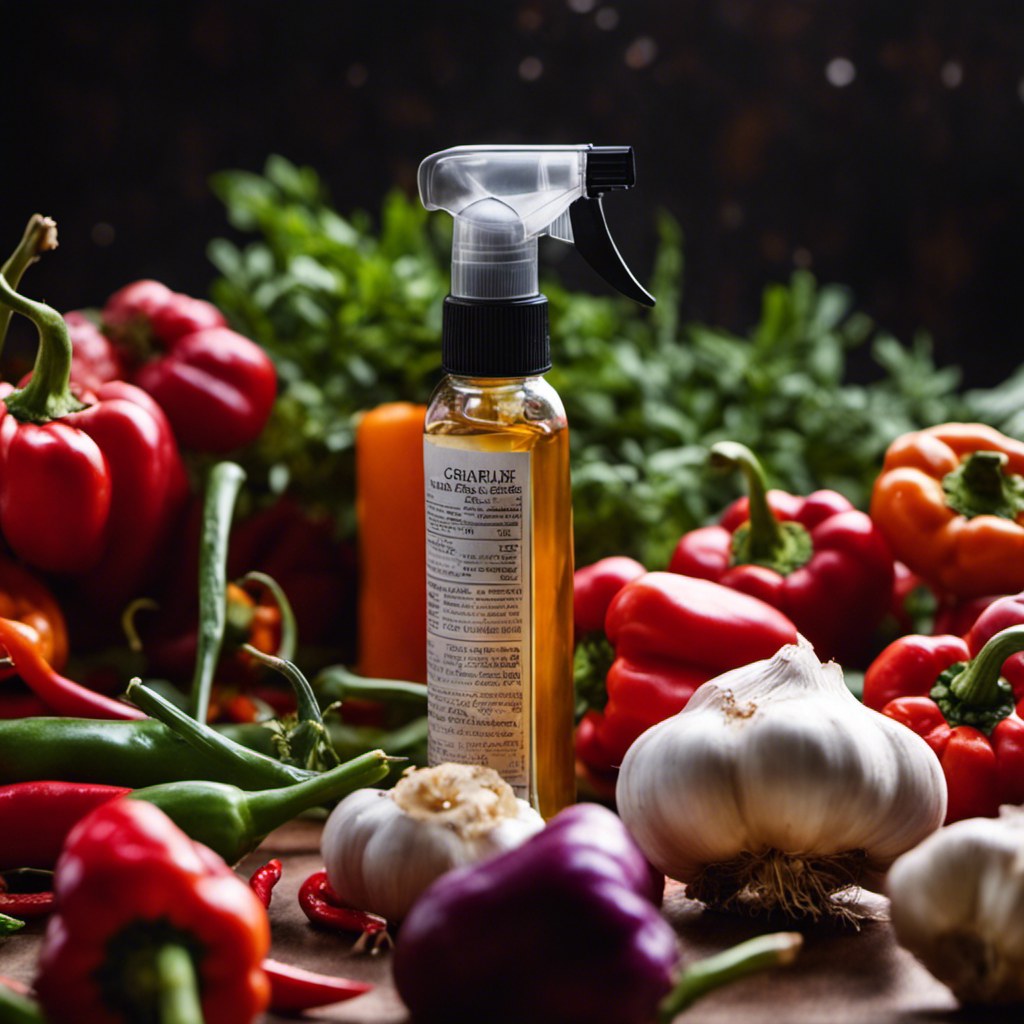 An image showcasing the process of blending fresh garlic and fiery peppers, then straining the mixture into a spray bottle