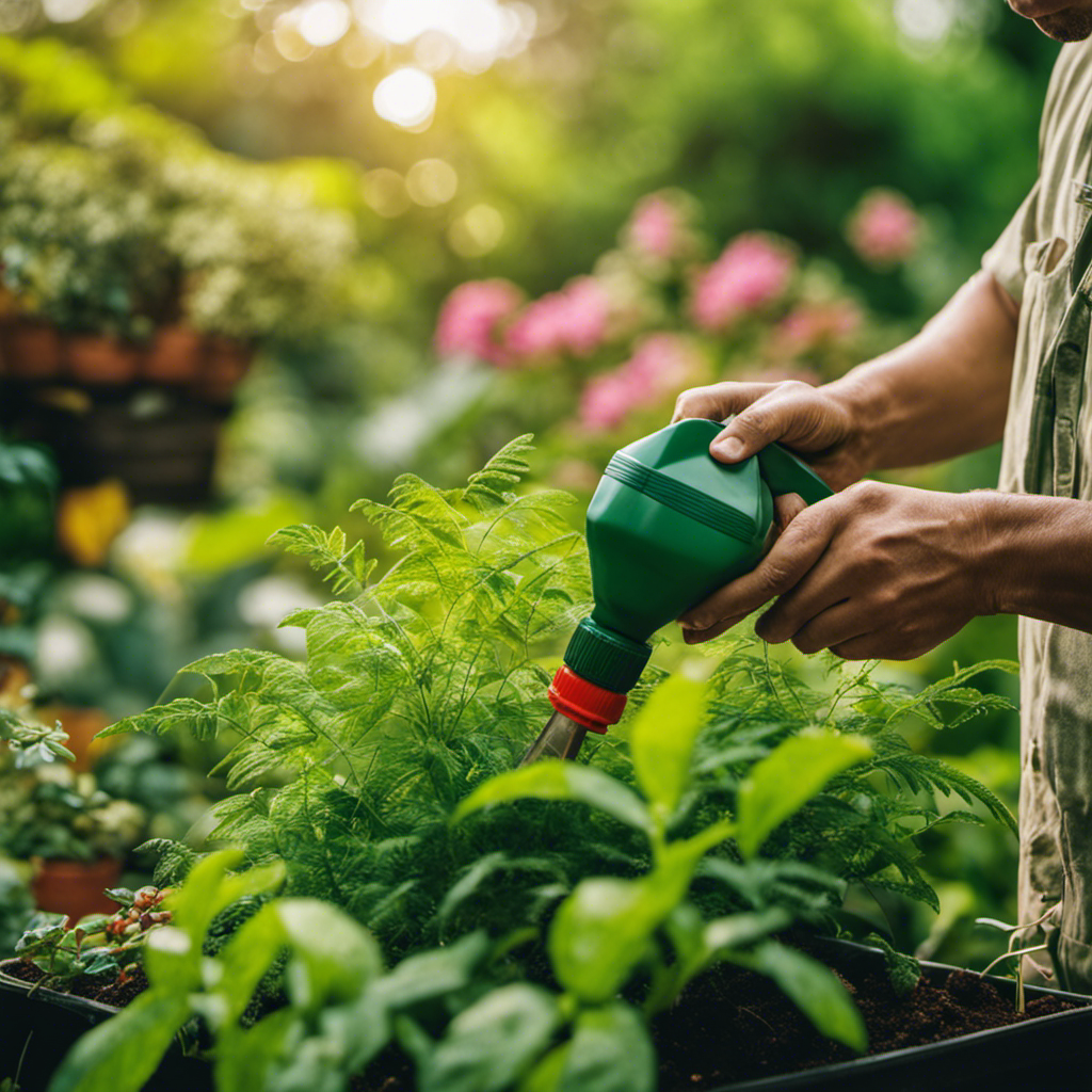 An image featuring a vibrant garden scene with a gardener carefully mixing neem oil and soap, surrounded by various pest-repelling plants