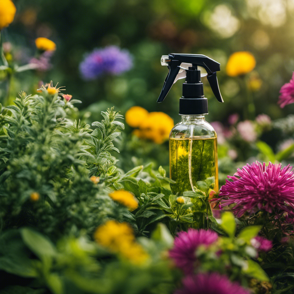 An image showcasing a lush garden scene, with vibrant flowers and herbs, where a spray bottle filled with a natural pest spray made from essential oils is being used to combat pests, effectively conveying the idea of DIY natural pest control