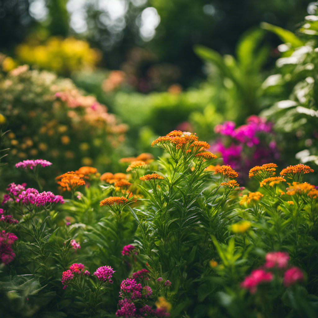 An image showcasing a lush garden scene with vibrant, healthy plants being protected by a DIY herbal insecticide spray