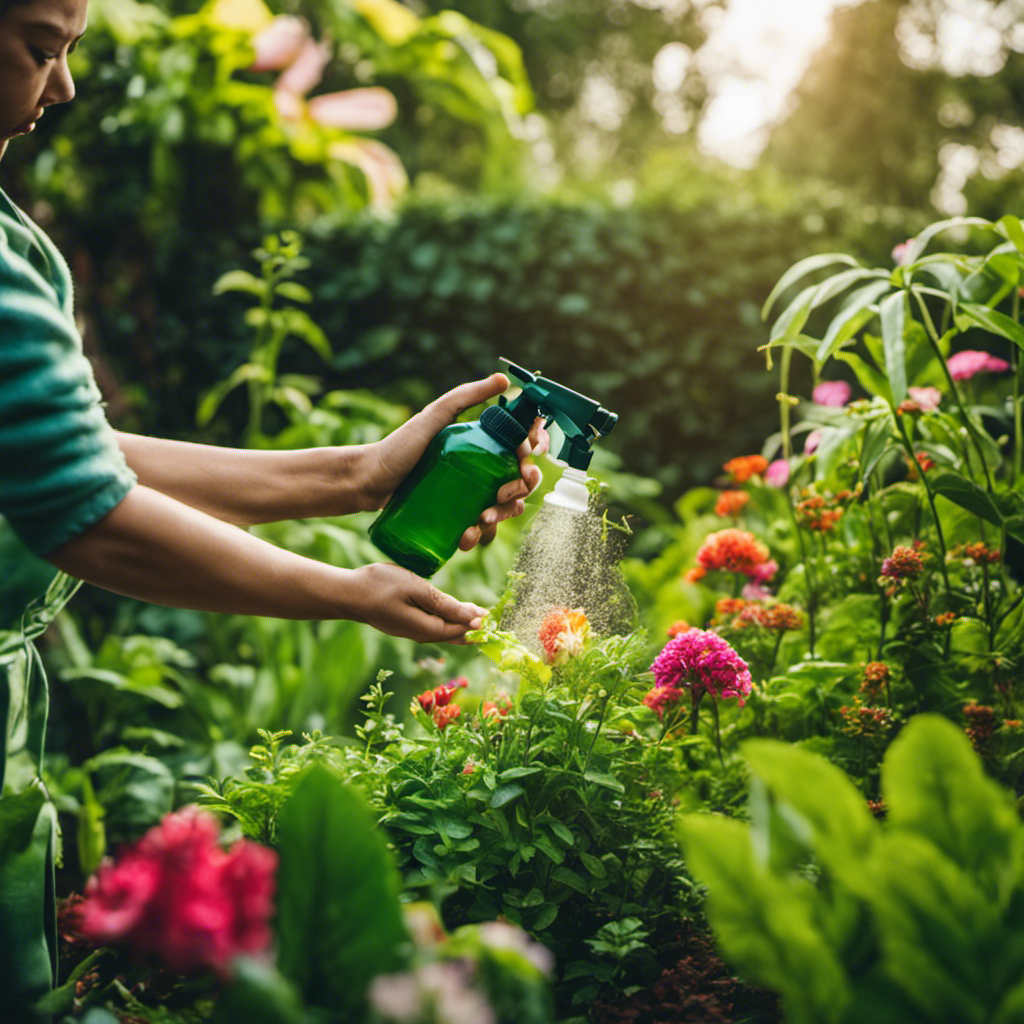 An image depicting a lush garden scene, with vibrant green plants and colorful flowers