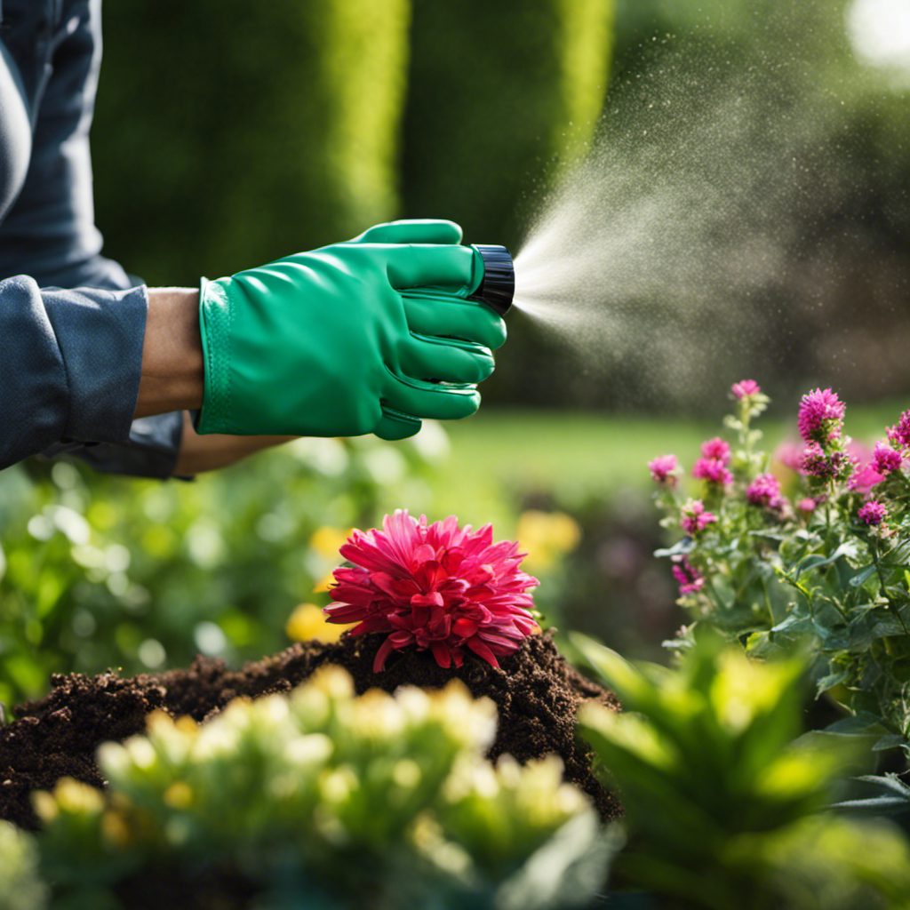 An image showcasing a pair of gardening gloves gently misting a vibrant garden with a homemade natural pest spray