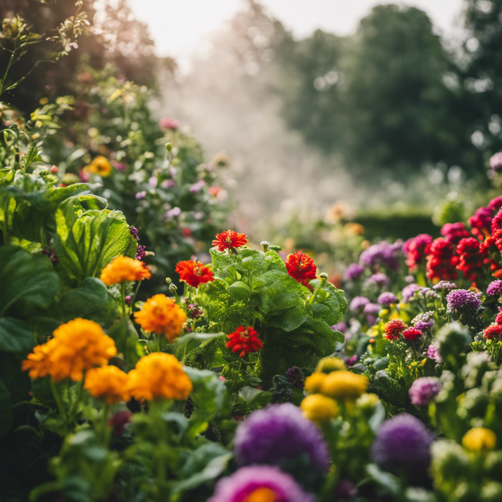 An image showcasing a lush garden with vibrant flowers and vegetables, surrounded by a cloud of mist from a DIY natural pest spray, effectively repelling common garden pests like aphids, slugs, and caterpillars