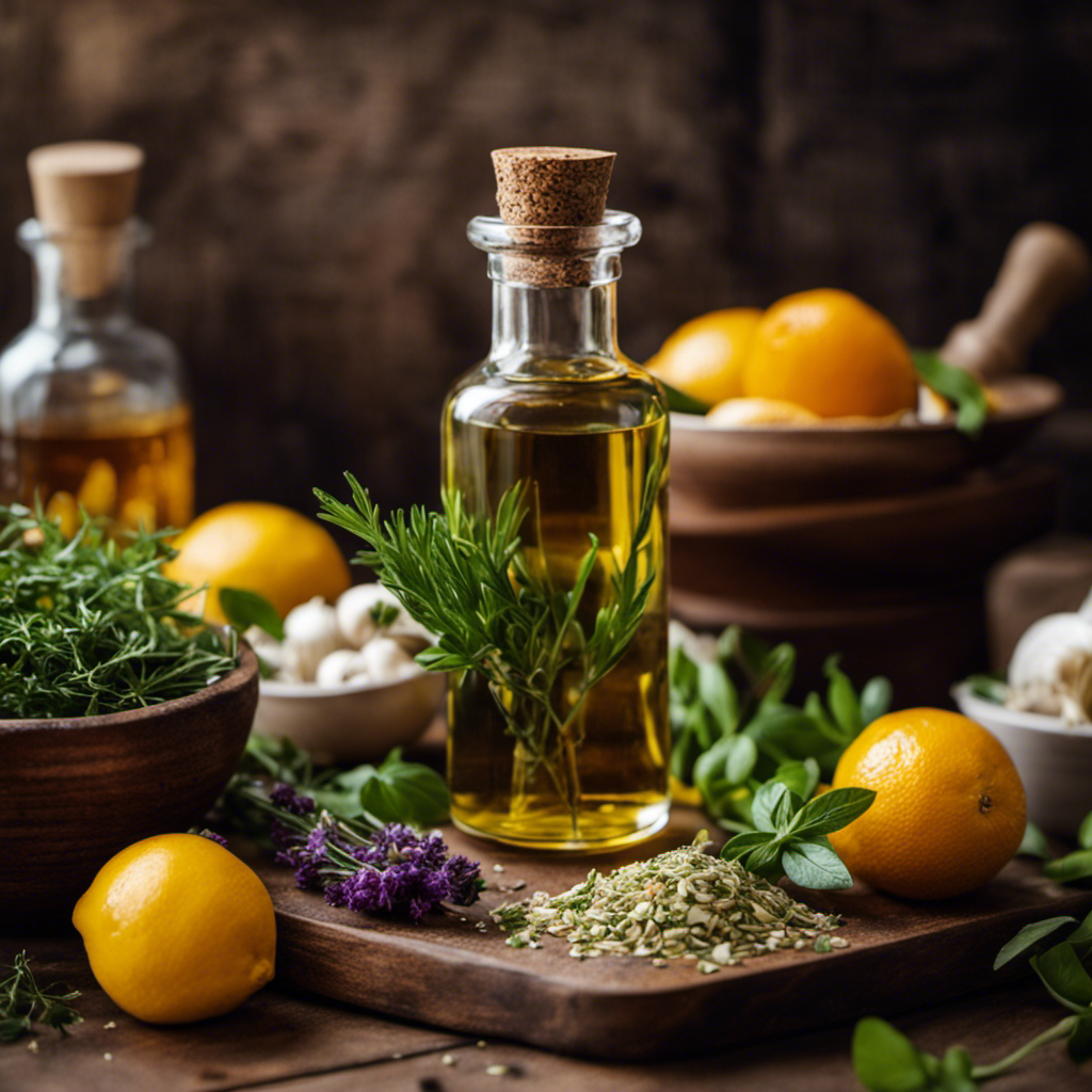 An image showcasing a rustic wooden table adorned with fresh herbs, citrus peels, and essential oils