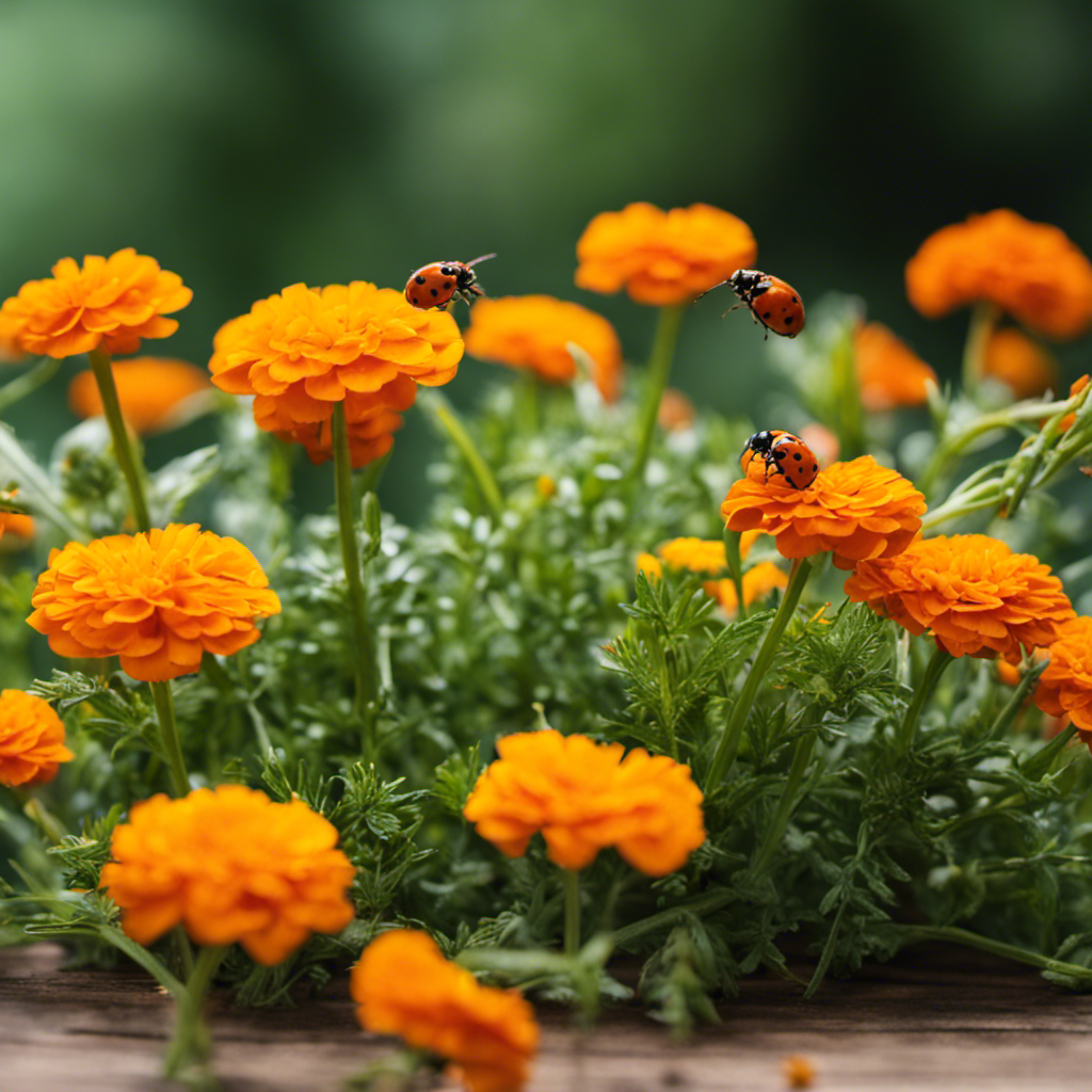 An image showcasing a vibrant herb garden with marigolds surrounding it, repelling pests with their bright orange blooms