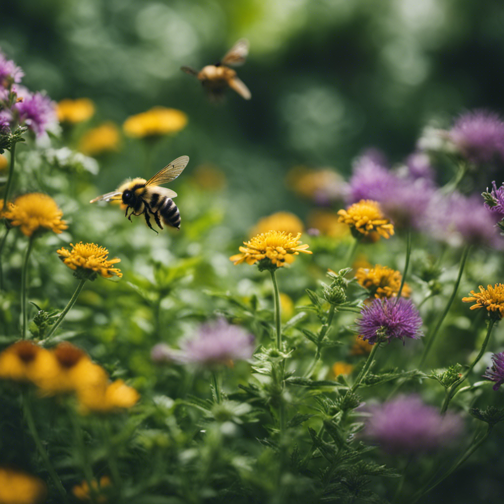 An image showcasing a lush herb garden with vibrant, healthy plants surrounded by a mist of essential oils