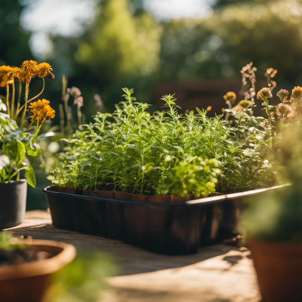 An image showcasing an herb garden bathed in warm sunlight, with a close-up view of homemade insect traps nestled amongst the vibrant foliage