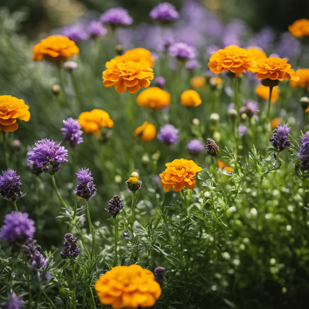 An image showcasing a thriving herb garden with strategically placed companion plants, like marigolds, lavender, and chives, effectively repelling pests