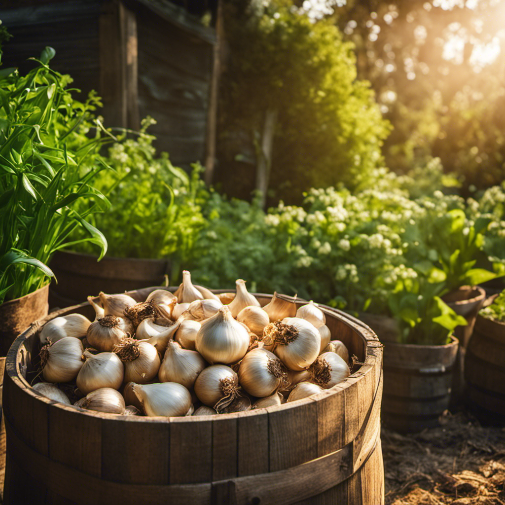 An image showcasing a rustic wooden barrel filled with crushed garlic and onion bulbs, surrounded by vibrant green plants