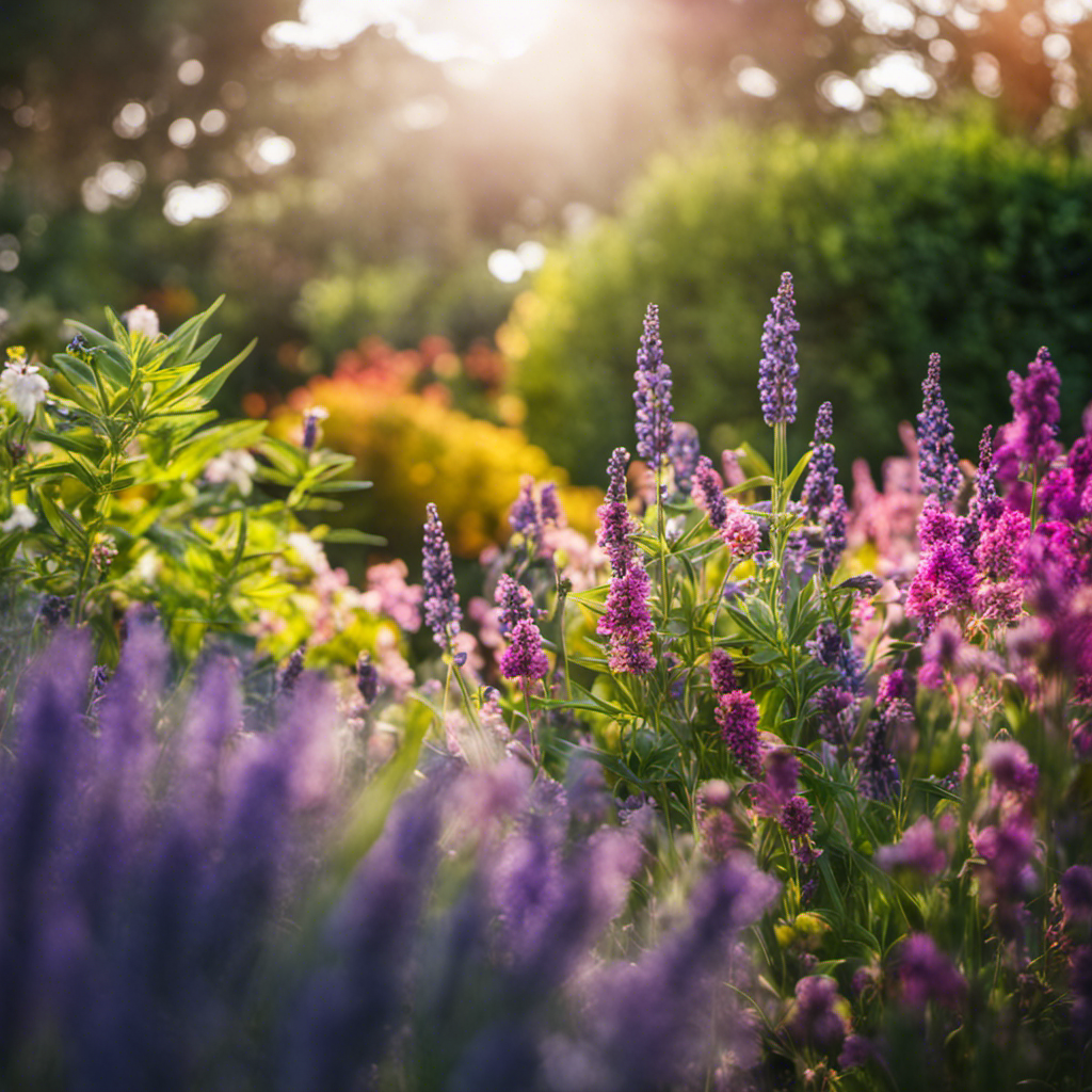 An image showcasing a vibrant garden scene with a variety of plants and flowers, surrounded by a halo of essential oils such as lavender, peppermint, and eucalyptus, highlighting their natural pest-repelling properties