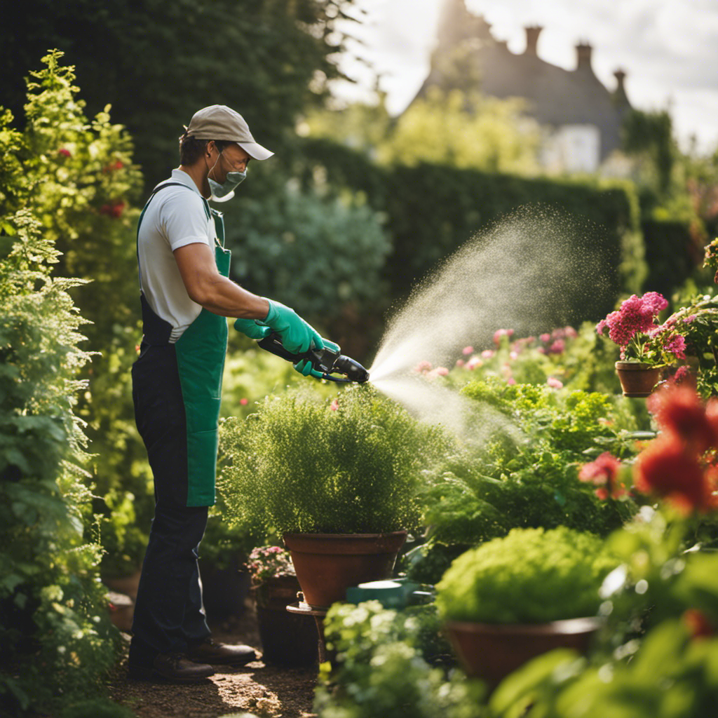 An image showcasing a serene garden scene: a gardener wearing gloves and using a handheld sprayer, gently misting vibrant plants with a homemade soap spray