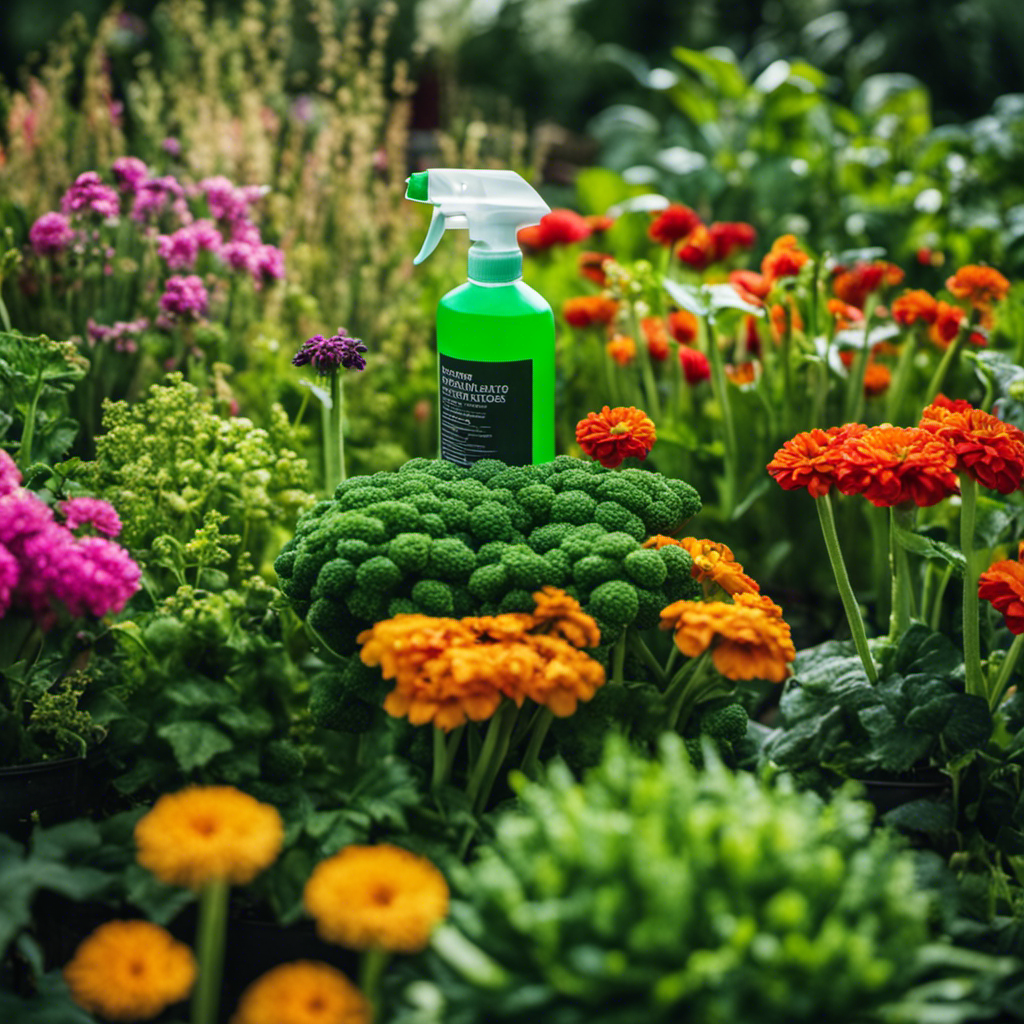 An image showcasing a lush green garden with vibrant flowers and vegetables, surrounded by various homemade insecticidal sprays in labeled spray bottles, highlighting the eco-friendly approach to controlling garden pests