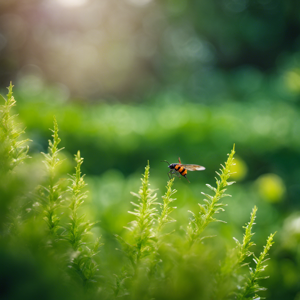 An image showcasing a lush, vibrant yard enveloped by a gentle mist of eco-friendly pest spray