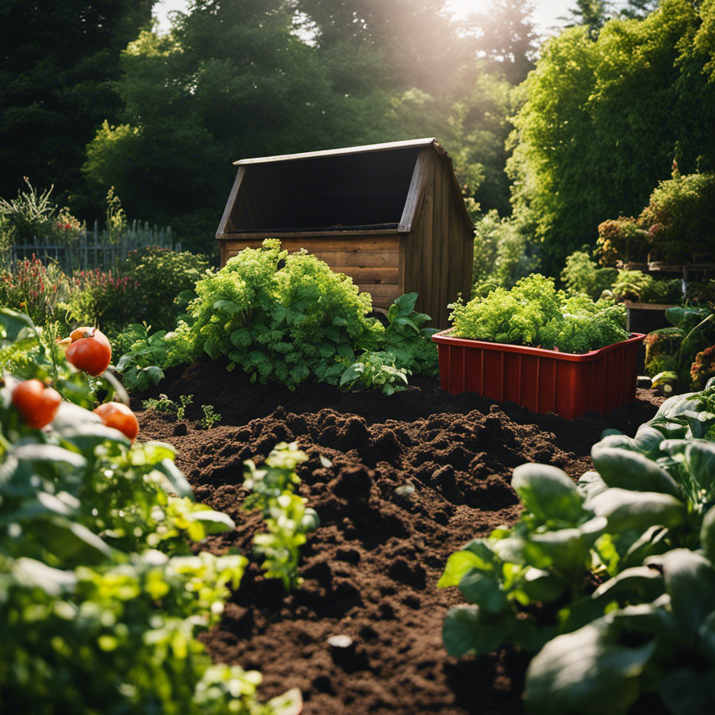 An image depicting a lush, thriving organic garden with a variety of composting methods showcased – traditional compost pile, worm bin, and compost tumbler – highlighting the versatility of options for choosing the right method