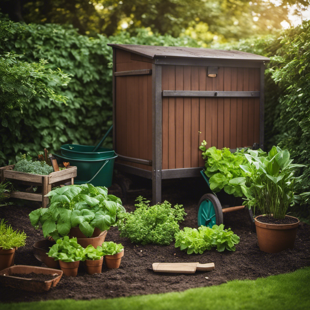 An image showcasing a spacious backyard with a sturdy wooden compost bin nestled beneath a leafy tree