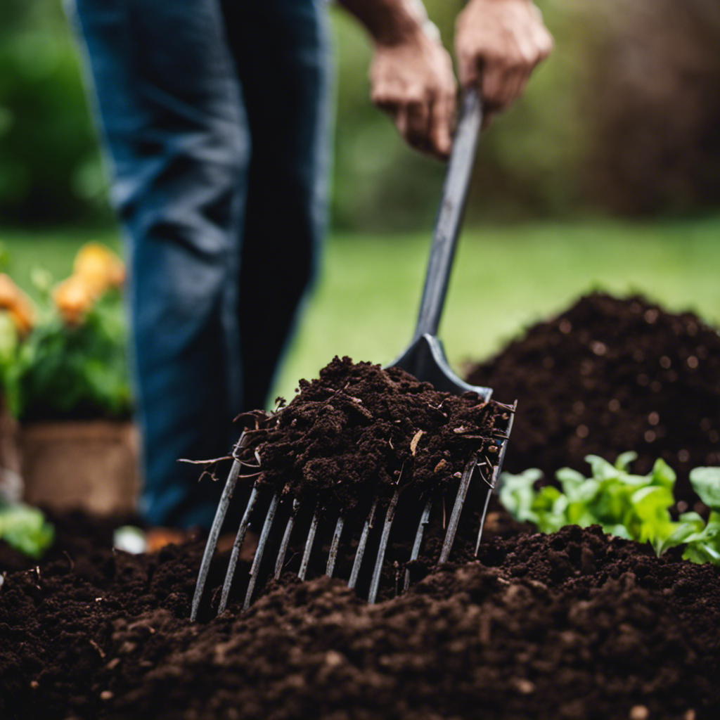 An image depicting a gardener effortlessly turning a compost pile with a pitchfork, showcasing the meticulous process of maintaining compost