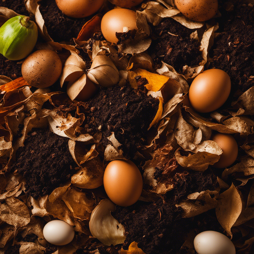 An image showing a pile of organic kitchen waste, such as vegetable peels, coffee grounds, and eggshells, mixed with a layer of dry brown materials like leaves and straw, forming the perfect balance of ingredients for successful composting