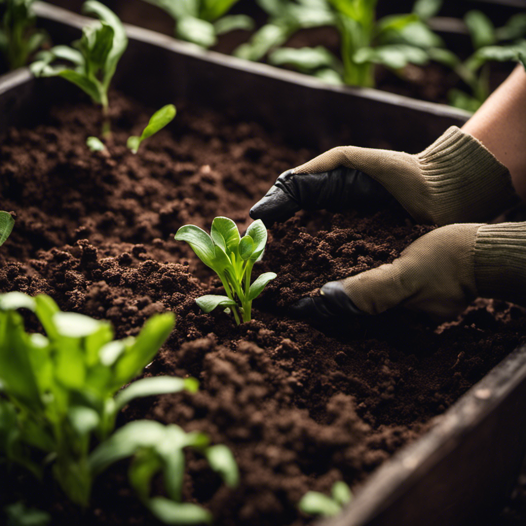 An image showcasing a pair of gloved hands gracefully sifting through rich, dark, crumbly compost, revealing earthworms wriggling amidst nutrient-rich soil