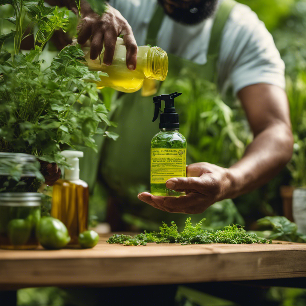 An image showcasing a gardener mixing a concoction of organic ingredients like garlic, neem oil, and soap in a spray bottle, surrounded by vibrant green plants, highlighting the process of making homemade organic pest sprays