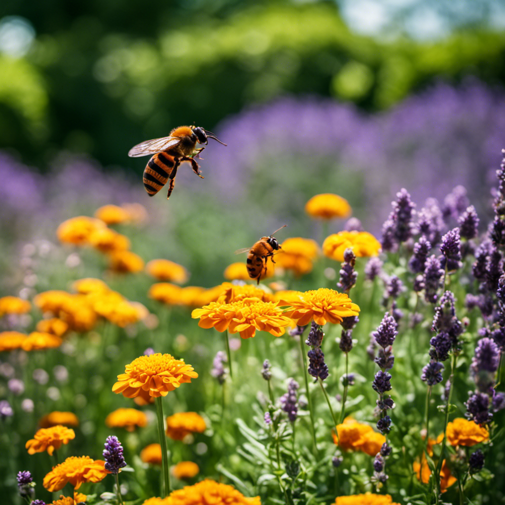 An image showcasing a lush, vibrant garden with plants like lavender, marigold, and mint