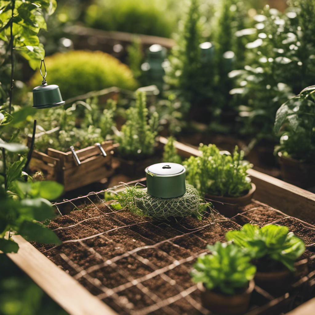 An image showcasing an eco-friendly garden with physical barriers and traps for pest management