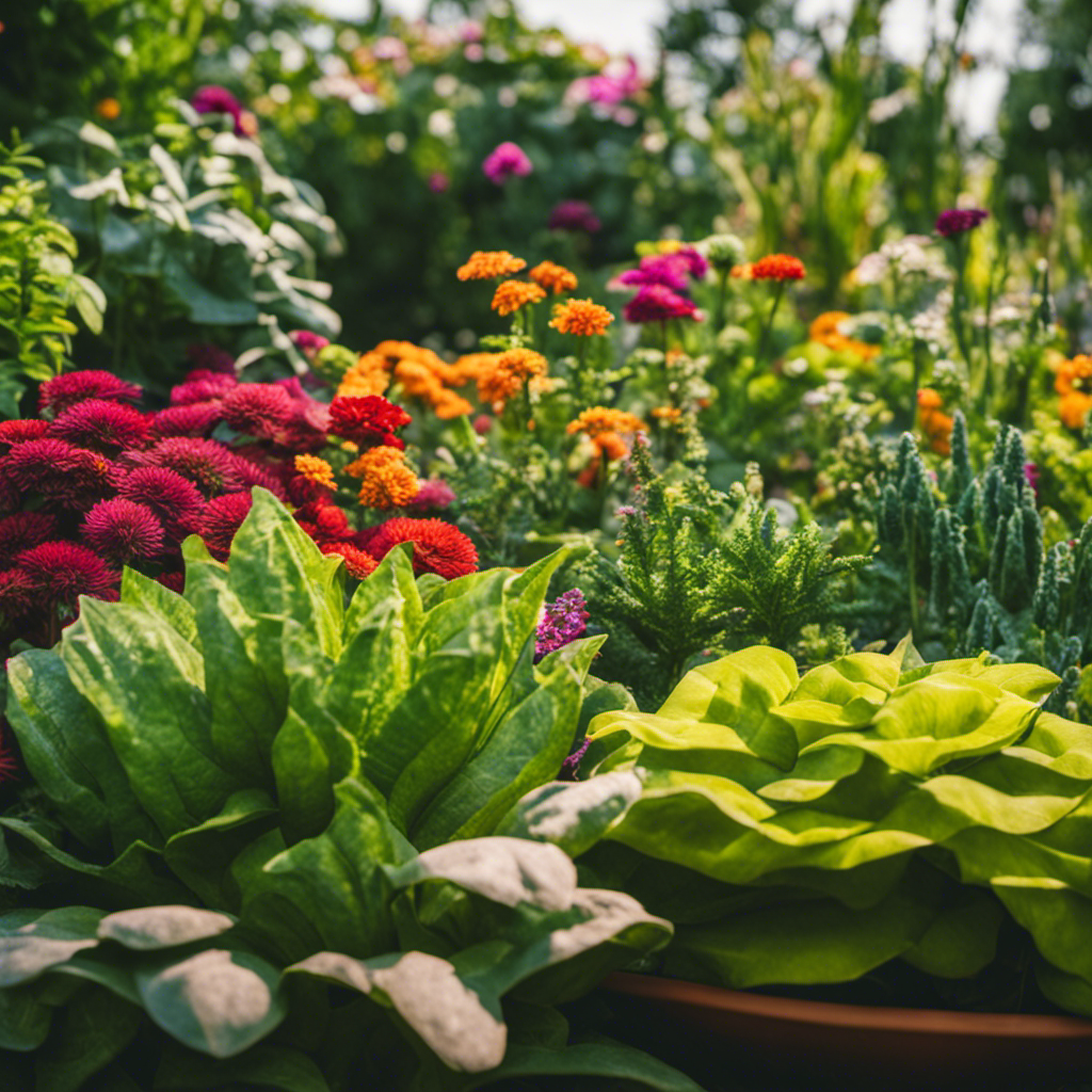 An image illustrating a lush garden bed with a variety of vibrant plants, showcasing the concept of companion planting