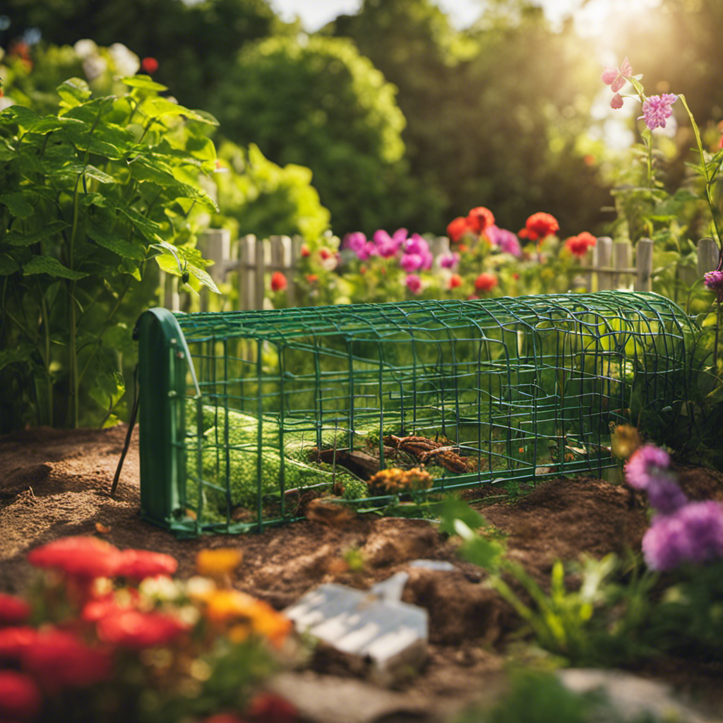 An image showcasing a diverse collection of organic pest control traps and barriers in a vibrant garden setting