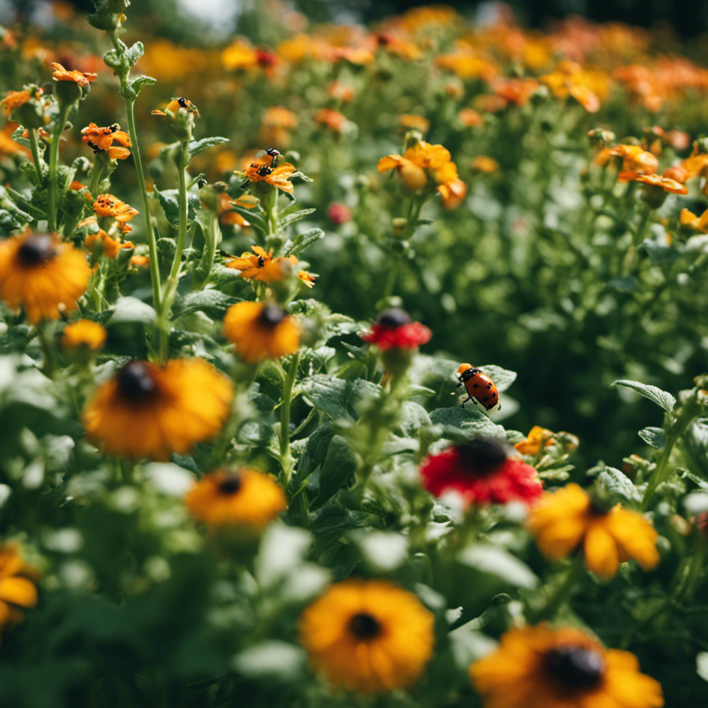 An image showcasing a lush garden filled with vibrant flowers and vegetables, teeming with busy ladybugs delicately perched on leaves, and industrious bees buzzing around, illustrating the power of beneficial insects for effective organic pest control